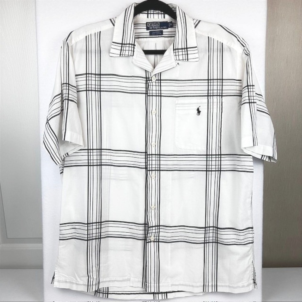 Vintage Polo Ralph Lauren Caldwell Shirt Mens Med White Black Windowpane Plaid